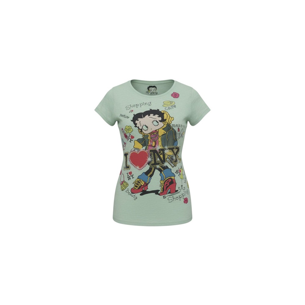 Betty Boop Graphic Tee Womens S Green I Heart NY Shopping Short Sleeve Shirt